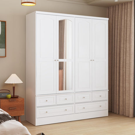 Homsee 4 Doors Armoire Wardrobe Closet with Mirror, Hanging Rod& 6 Drawers, Bedroom Armoires Cabinet with 4 Tier Adjustable Shelves, White (63”W x 19.7”D x 78.7”H) Homsee