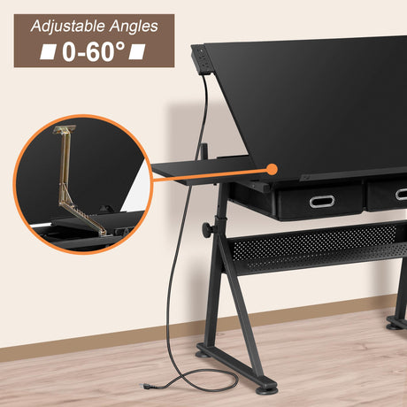 ZENY Adjustable Drafting Table with Stool, Tilting Drawing Desk Artist Table with Storage Drawers, Art Craft Workstation for Home Office Reading, Writing, Crafting (Black-with Outlet) ZENY