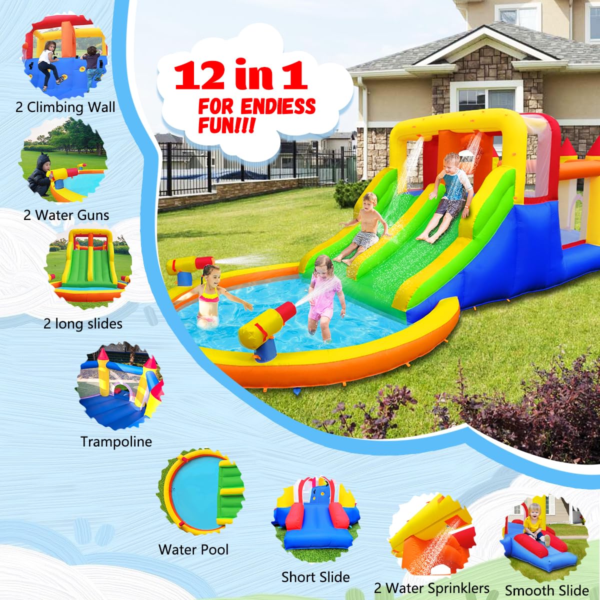 Umbalir InfIatable Bonuce House with 4 Slides & Large Splash Pool, Water Park with Ultra-Wide Climbing Wall, Jumping, Water Cannons & Surprise Water Sprayers for 3-10 yr Kids(20.6'Lx9.6'Wx6.4'H) Umbalir