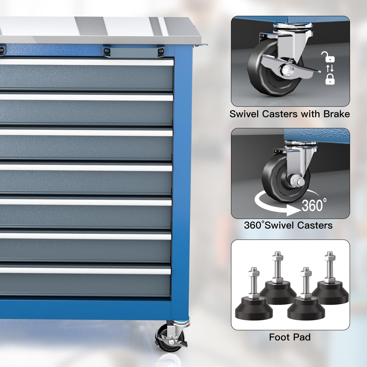 LARBANKE 7-Drawer Rolling Tool Chest with Stainless Steel Countertop,Tool Chest with Secure Locking System,Tool Cabinet with 360°Wheels and Padded Feet,for Home, Garage and Office LARBANKE