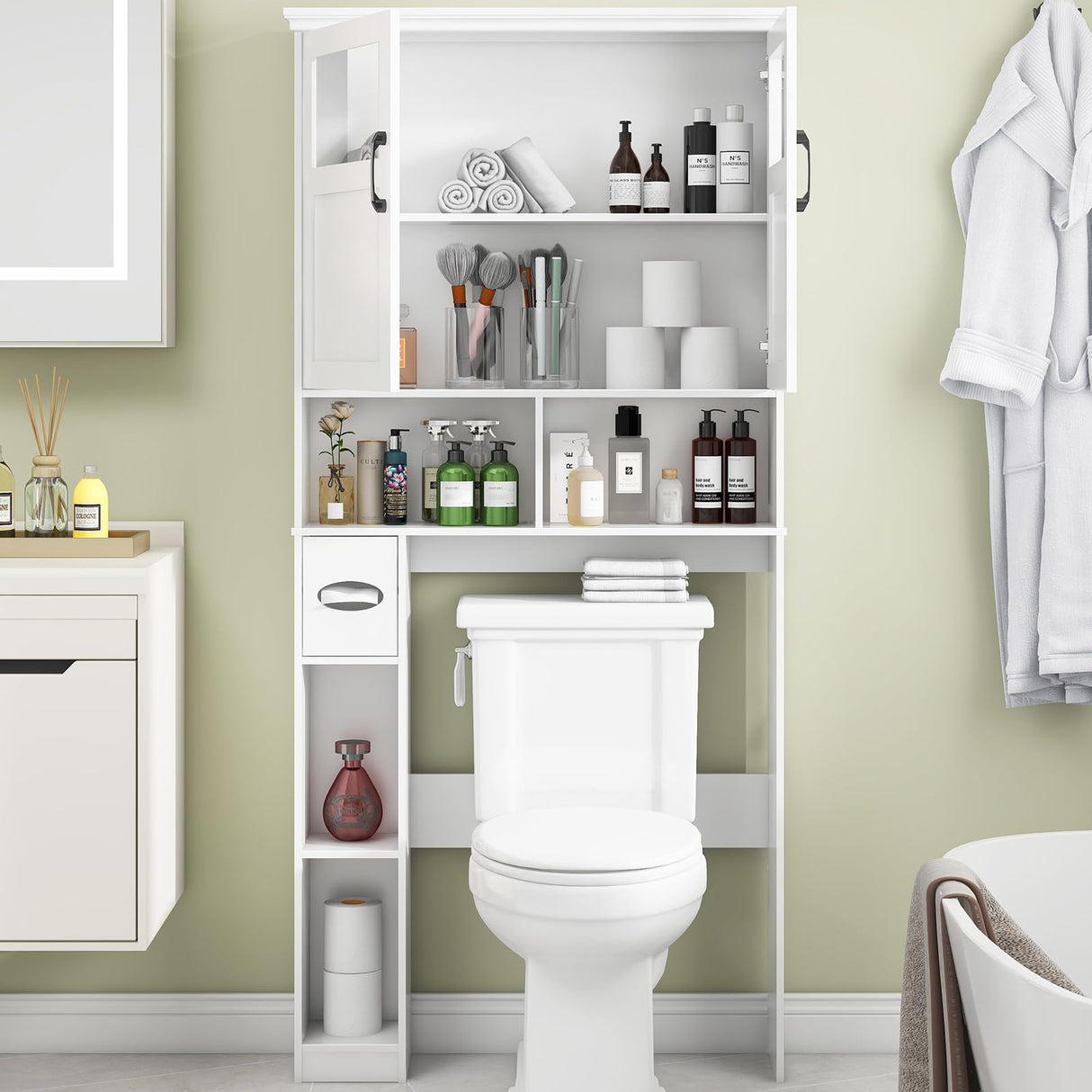 Vabches Over The Toilet Storage Cabinet, Storage Cabinet Over Toilet with Double Doors & Toilet Paper Holder Stand, Freestanding Toilet Shelf Space Saver with Anti-Tip Design & Adjustable Shelf, White Vabches