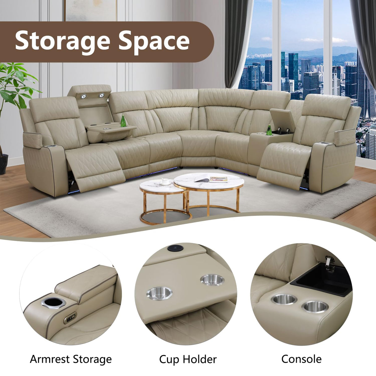 Power Leather Reclining Sofa with LED, Recliner Sectional Couch for Living Room, Reclining Couches with Reading lamp/Wireless Charging/Hide-Away Storage (Beige, Sectional) Pon Living Furniture Inc