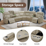 Power Leather Reclining Sofa with LED, Recliner Sectional Couch for Living Room, Reclining Couches with Reading lamp/Wireless Charging/Hide-Away Storage (Beige, Sectional) Pon Living Furniture Inc