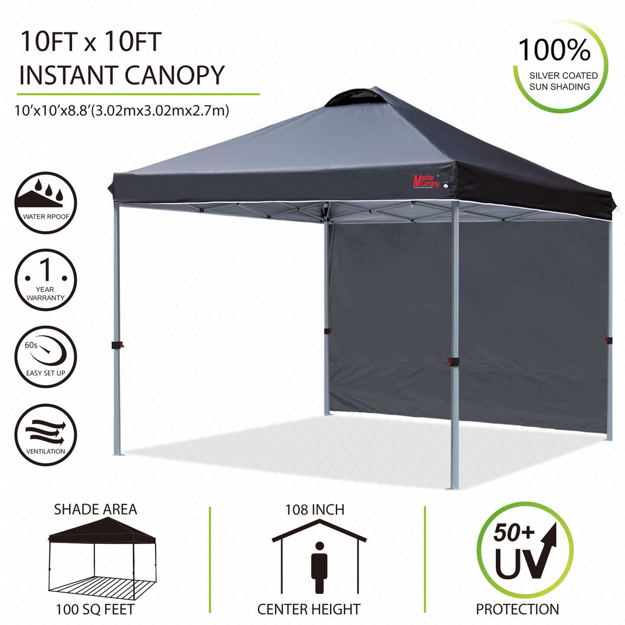 MASTERCANOPY Durable Pop-up Canopy Tent with 1 Sidewall (10'x10',Black) MASTERCANOPY