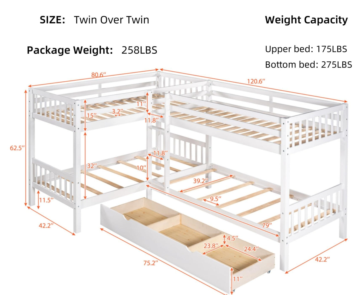 Merax Kids L-Shaped Bunk Bed Twin Over Twin with Drawers, Wood Low Floor Bunkbed Featuring Stairs Guardrail for Boys, Girls, Toddlers, No Box Spring Required, White Merax