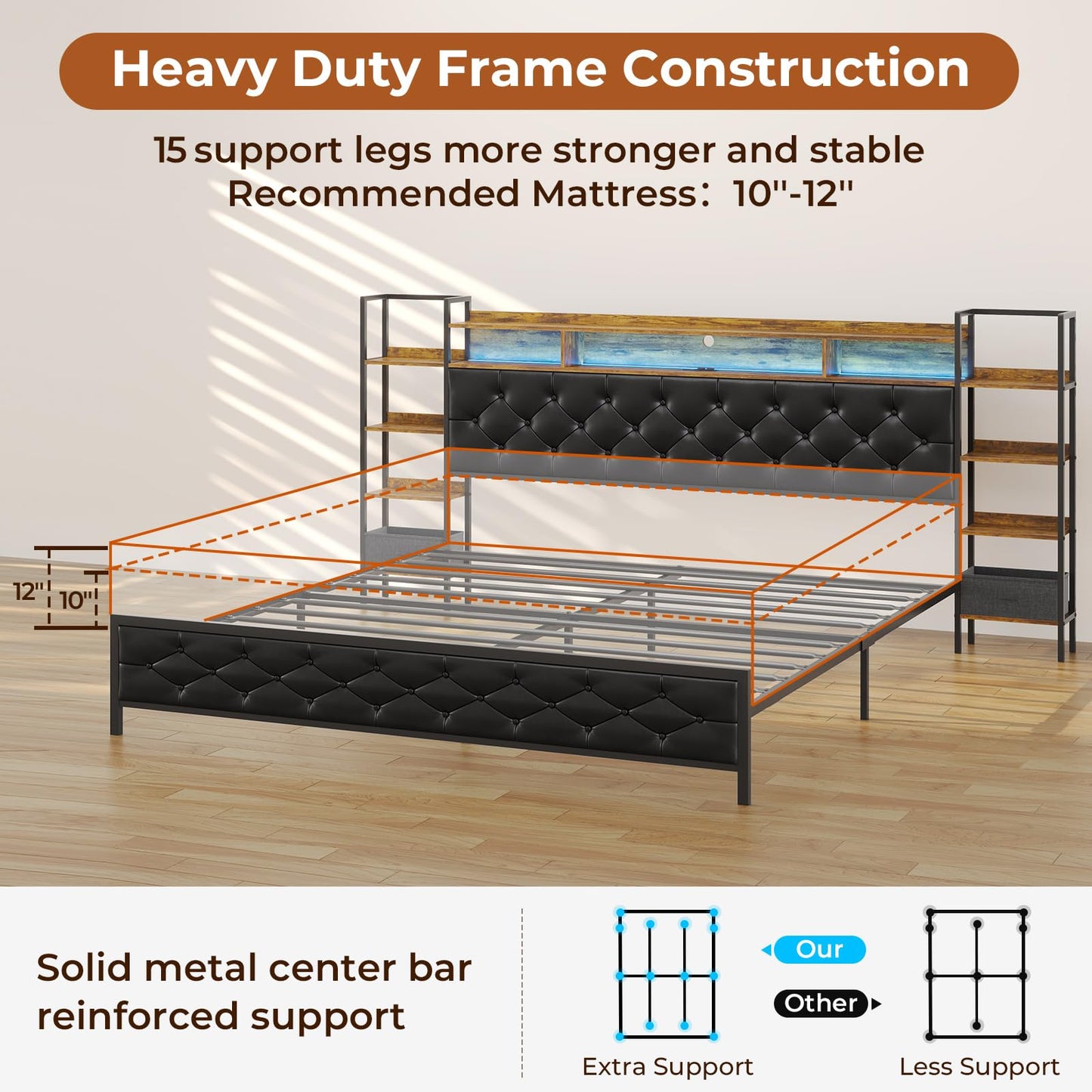 DICTAC King Size Metal Bed Frame with Smart Charging Headboard, Storage Shelves, and LED Lighting - WoodArtSupply