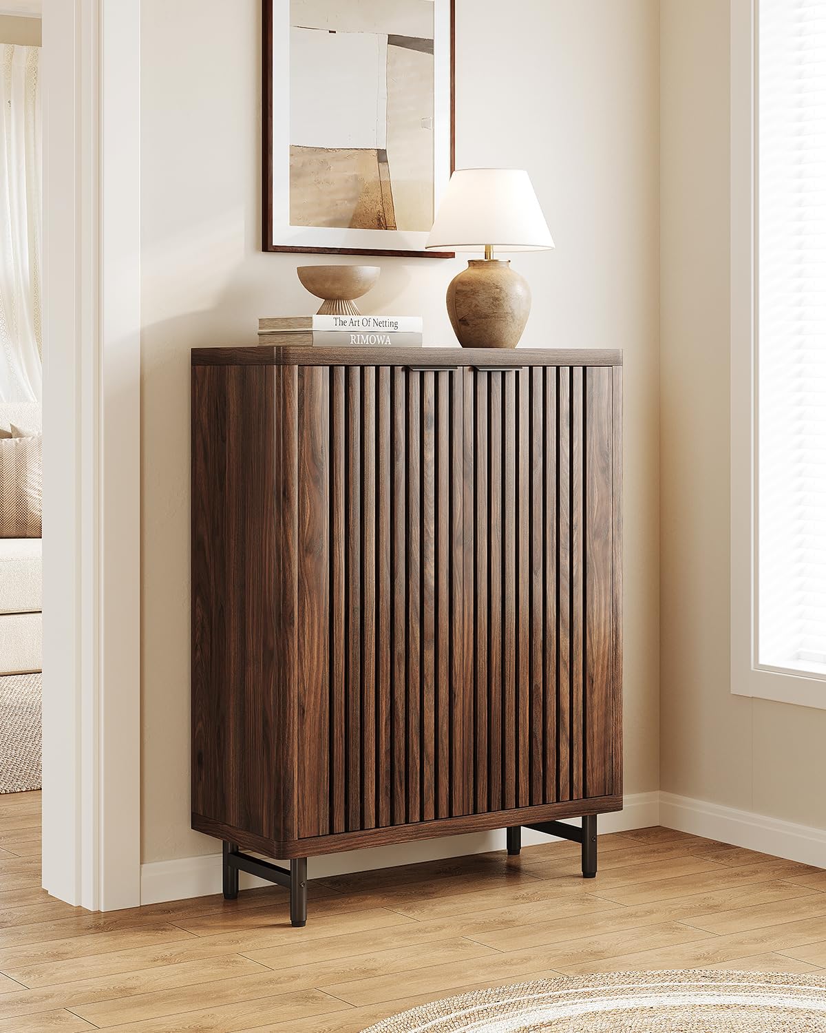 LITTLE TREE 6-Tier Shoe Cabinet with Doors for Up to 24 Pairs, Large Wooden Shoe Storage Cabinet with Adjustable Shelves, Retro Freestanding Shoe Organizer Cabinet for Entryway, Hallway, Dark Walnut LITTLE TREE