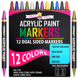 Acrylic Paint Markers Dual Tip (12 Pack) - Acrylic Markers Paint Pens for Rocks - Bold Acrylic Paint Pens Fine Tip and Dot Tip - Fabric Makers Permanent for Clothes Water Based Markers - Chalky Crown CHALKY CROWN