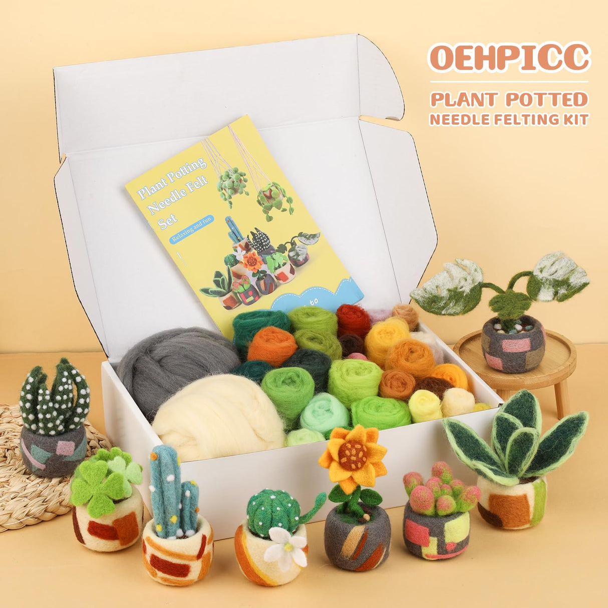 OEHPICC Needle Felting Kit - 10 Pack Plant Pot Needle Felting Starter Kit, Felting Kits with Basic Felt Tools, Clear Instructions for Beginner Adult Craft Kit, DIY Craft Plant Decor Present OEHPICC