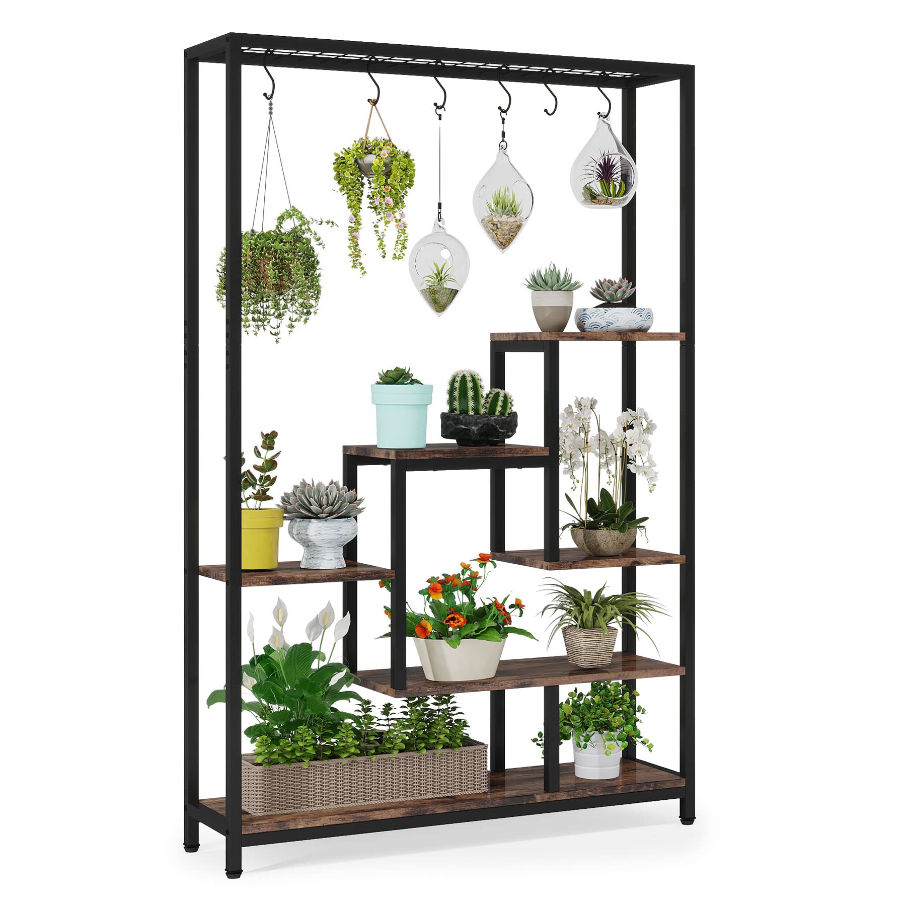 Tribesigns 5-Tier Tall Indoor Plant Stand, 70.9 inches Large Metal Plant Shelf with 6PC S Hanging Hooks, Multi-Purpose Flower Bonsai Pots Display Rack for Indoor, Garden, Balcony, Living Room - WoodArtSupply