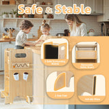 FlyingBoom Toddler Tower 4-in-1 Multifunctional Toddler Kitchen Stool Helper with Removable Safety Board, Adjustable Heights, Slide, Highchair, Chalkboard, Montessori Games FlyingBoom