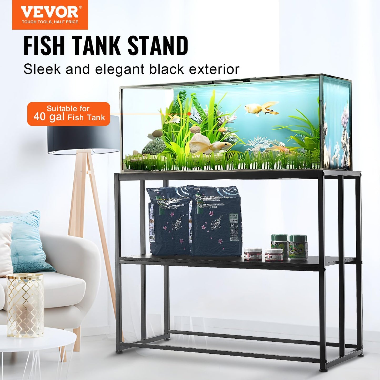 VEVOR Aquarium Stand, 40 Gallon Fish Tank Stand, 36.5 x 18.5 x 29.5 in Steel Turtle Tank Stand, 335 lbs Load Capacity, Reptile Tank Stand with Storage, Hardware Kit, and Non-Slip Feet, Black