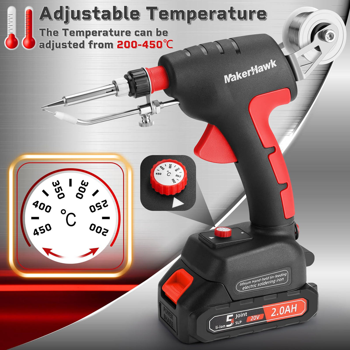 Cordless Soldering Iron Welding Kit - 60W 200-450℃ Adjustable Temperature One-handed Welding Iron With 20V Battery Automatic Soldering Gun Solder Tools for Electronic Repair Soldering Circuit Board MakerHawk