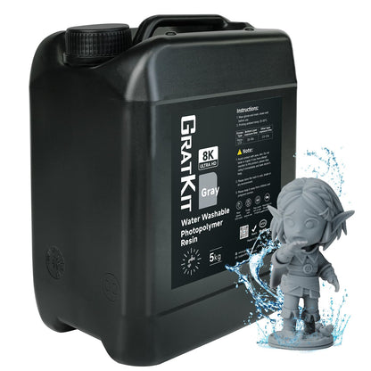 GratKit Water Washable 3D Printer Resin, UV-Curing 405nm Photopolymer Resin, Upgraded Formula 3D Printing Resin with Low Odor and Super Easy to Clean -5000g,Gray