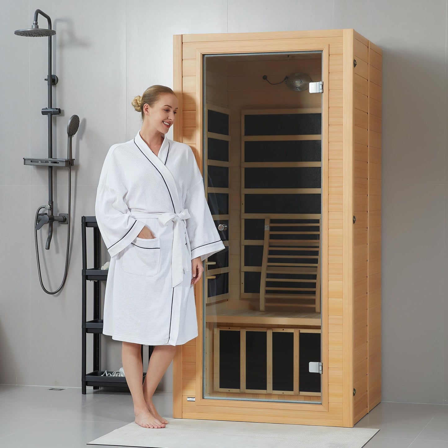 springspa Far Infrared Sauna Room, Near Zero EMF Canadian Hemlock Wood Sauna with 1400W, 9 Chromo Therapy Lights, Oxygen Ionizer, Bluetooth, LCD Control Pannel for Indoor Use, 1 Person - WoodArtSupply