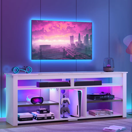 Bestier TV Stand for 65/70 inch TV, Tall Entertainment Center with 2 Led Lights, Gaming TV Console with Storage for PS5, Modern TV Cabinet for Bedroom, Living Room, White Marble Bestier