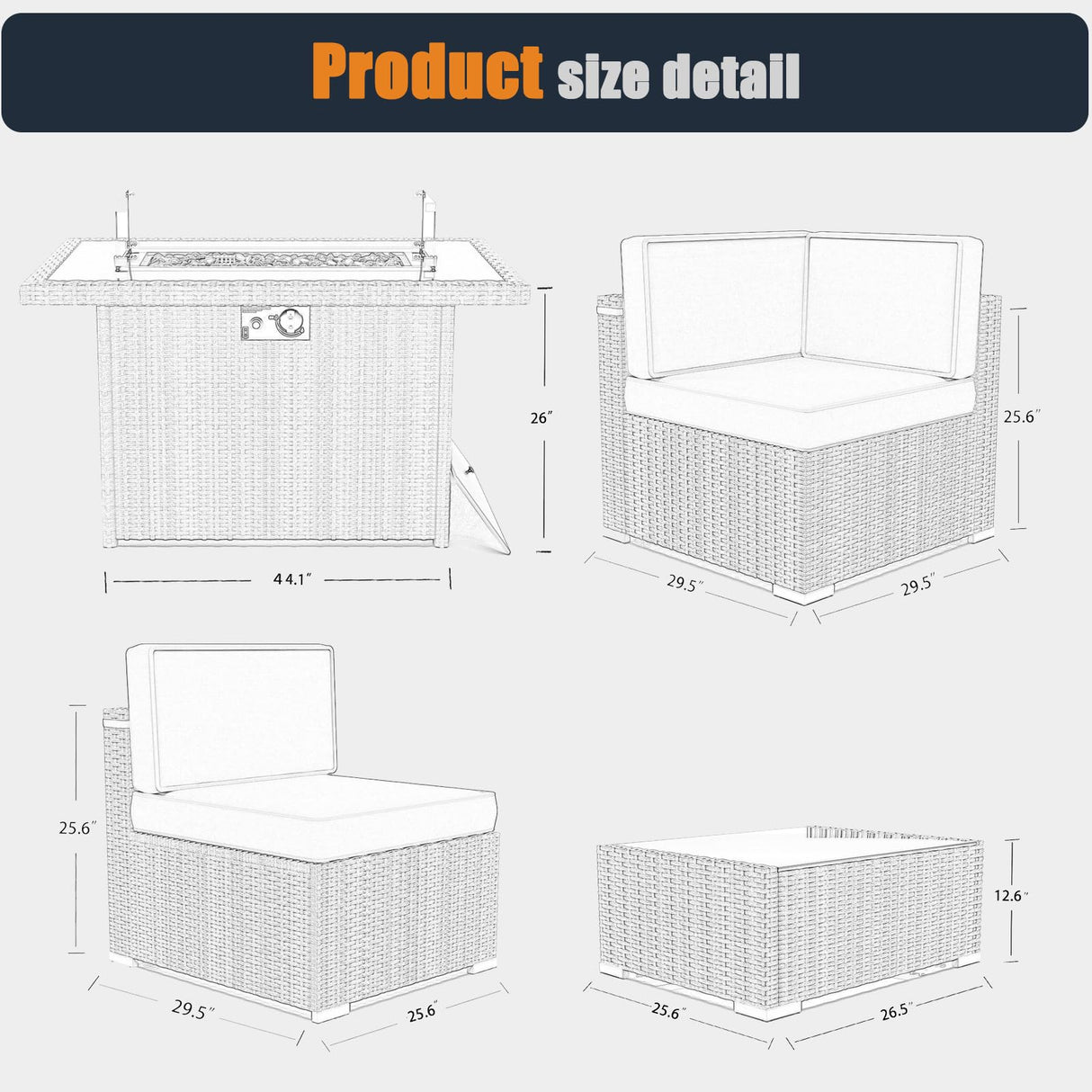 KHOLH Patio Furniture Set with Fire Pit Table, 8 Pieces Outdoor All-Weather Wicker Conversation Sectional Chair Sofa Set KHOLH