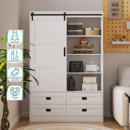 Wardrobe Closet with Doors, 71" Tall Bedroom Armoire, Wooden Closet with Doors and Drawer, Large Capacity Freestanding Wardrobe Closet with Hanging Rod and Shelves, Anti-Dumping Design, White