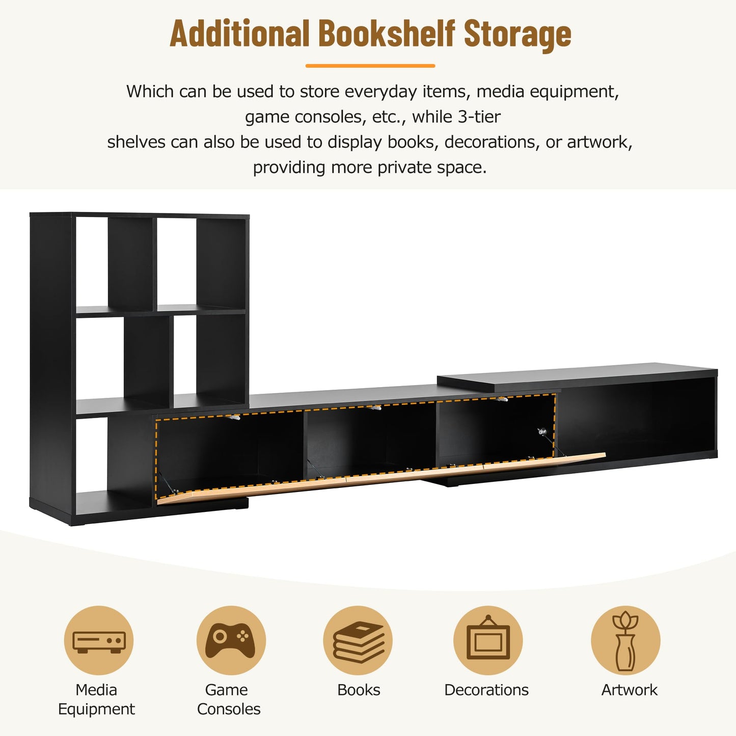 Merax Extendable TV Stand for Televisions up to 110'', Adjustable Entertainment Center with Storage Cabinets and 3 Tier Bookshelves, Sliding Tabletop Media Console for Living Room, Black