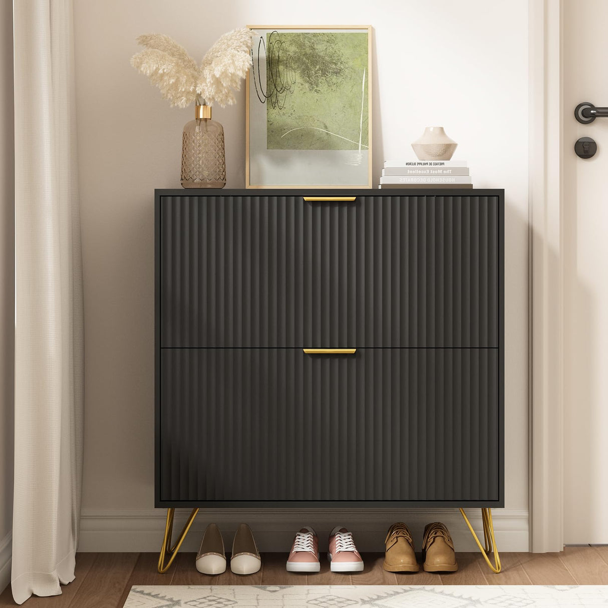 NOVAMAISON Shoe Cabinet with 2 Flip Drawers, Fluted Black Shoe Storage Cabinets, Hidden Shoe Cabinet Storage for Entryway Slim, Modern Freestanding Shoe Rack Organizer, Black NOVAMAISON