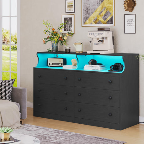Hasuit 6 Drawer Dresser with LED Lights and Charging Station, Wide Chest of 6 Drawers with Open Space, Modern Large Capacity Storage Cabinet, Black Dresser for Bedroom, Living Room, Hallway Hasuit