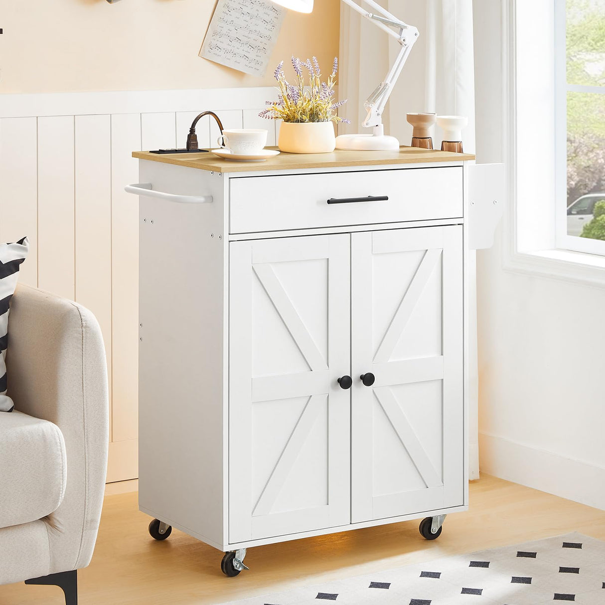 HOOBRO Kitchen Island with Power Outlet, Kitchen Storage Island with Large Worktop, Spice Rack and Drawer, Rolling Kitchen Cart on Wheels, for Kitchen and Dining Room, White and Natural WN88UZD01 HOOBRO