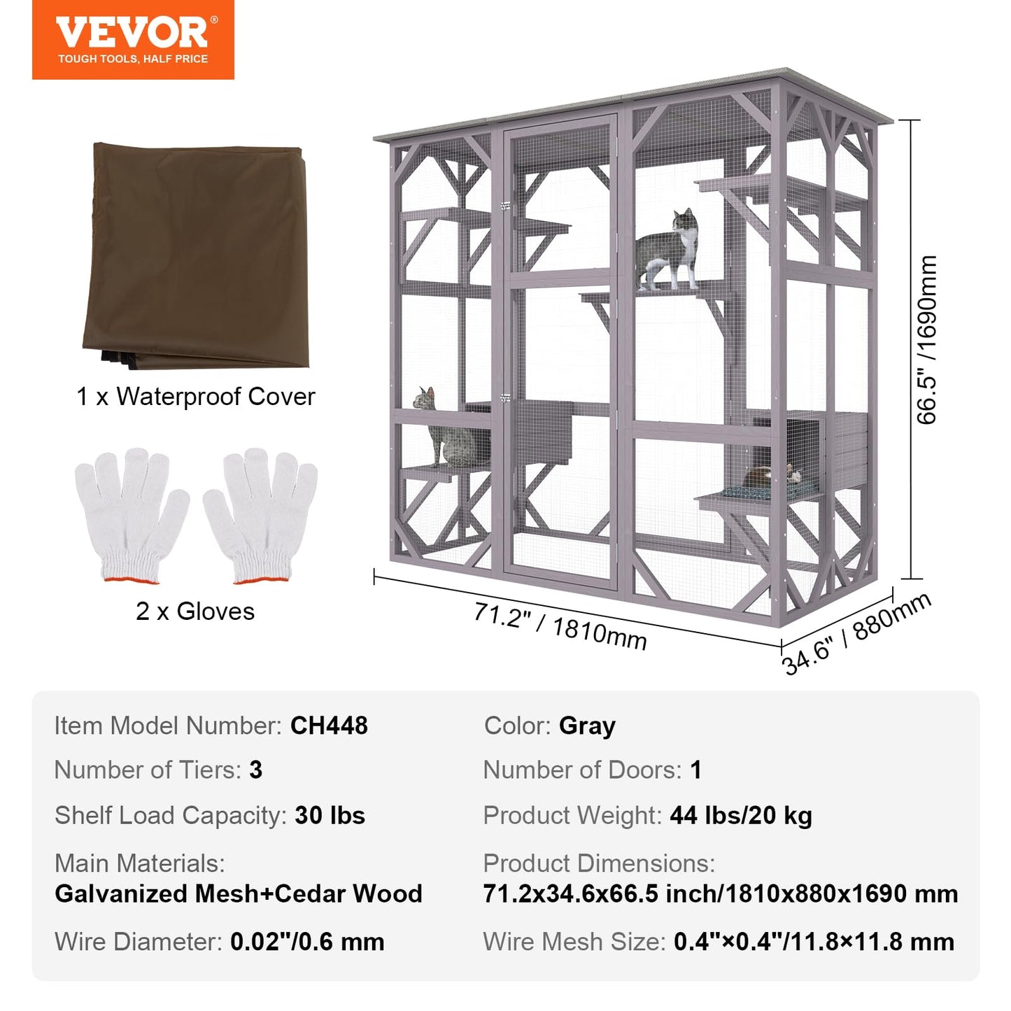 VEVOR Cat Cage Condo Catio Outdoor/Indoor Cat Enclosure, Wooden Cat House with 5 Platforms, 7-Tier Pet Playpen with 2 Resting Box, Cat Crate Cat Kennel with Waterproof Roof, 71.2"L x 34.6"W x 66.5"H