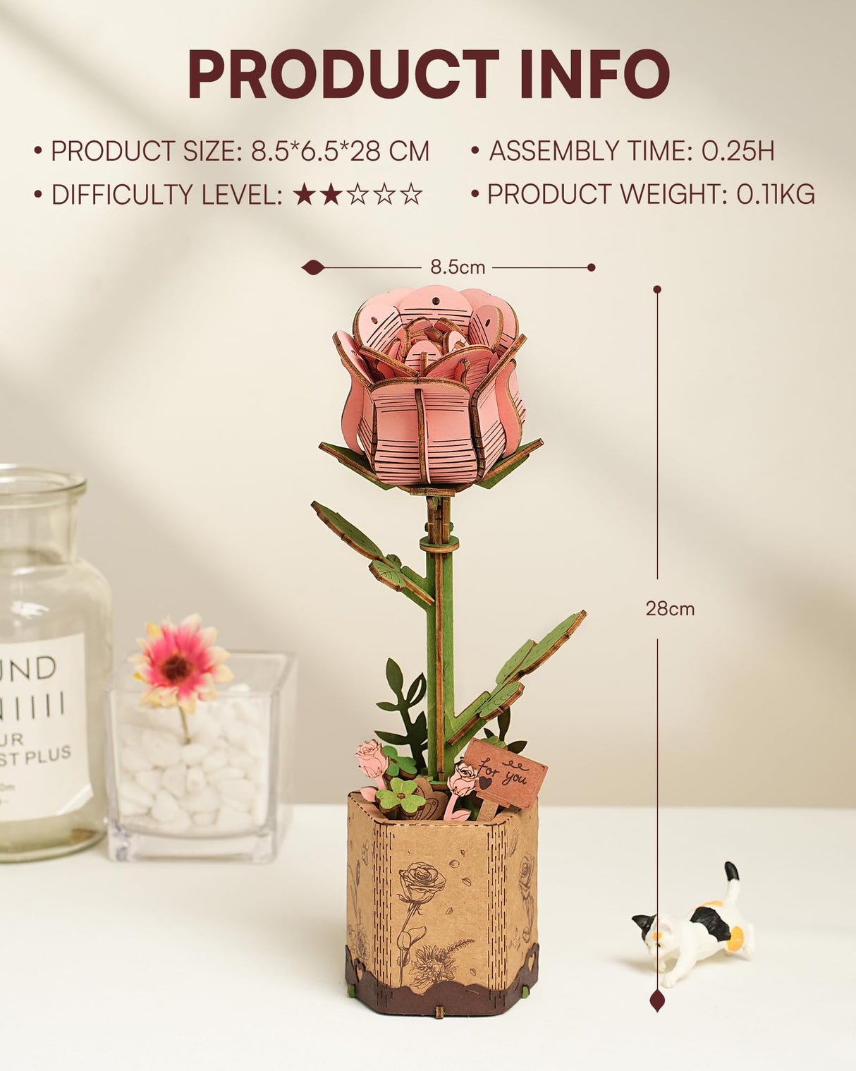 Wowood 3D Flower Wooden Puzzles for Adults-Pink Rose, DIY Wooden Flowers Model Kit Building Set Crafts for Adults to Build, Botanical Collection/Ideal Creative Gift Ideas/Housewarming (104PCS) Wowood