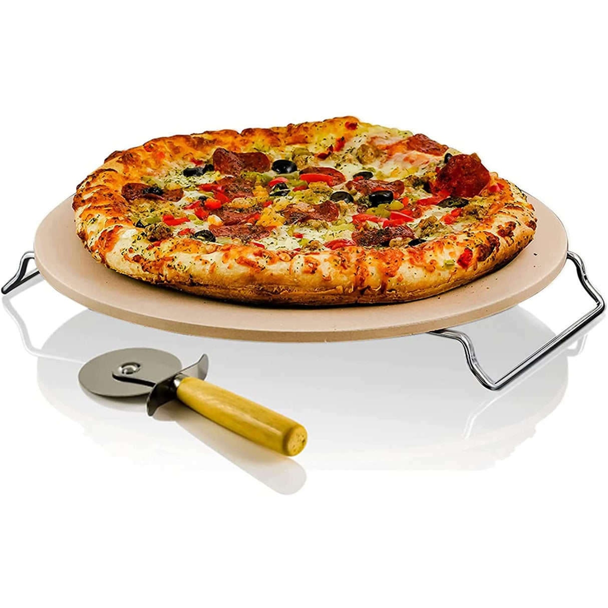 OVENTE Ceramic Flat 13 Inch Pizza Stone Set with Crust Cutter Wheel & Metal Rack/Handle, Compact Easy Storage Portable Baking Grilling Stone Thermal Shock Resistance for Oven Grill BBQ, Beige BW10132 OVENTE