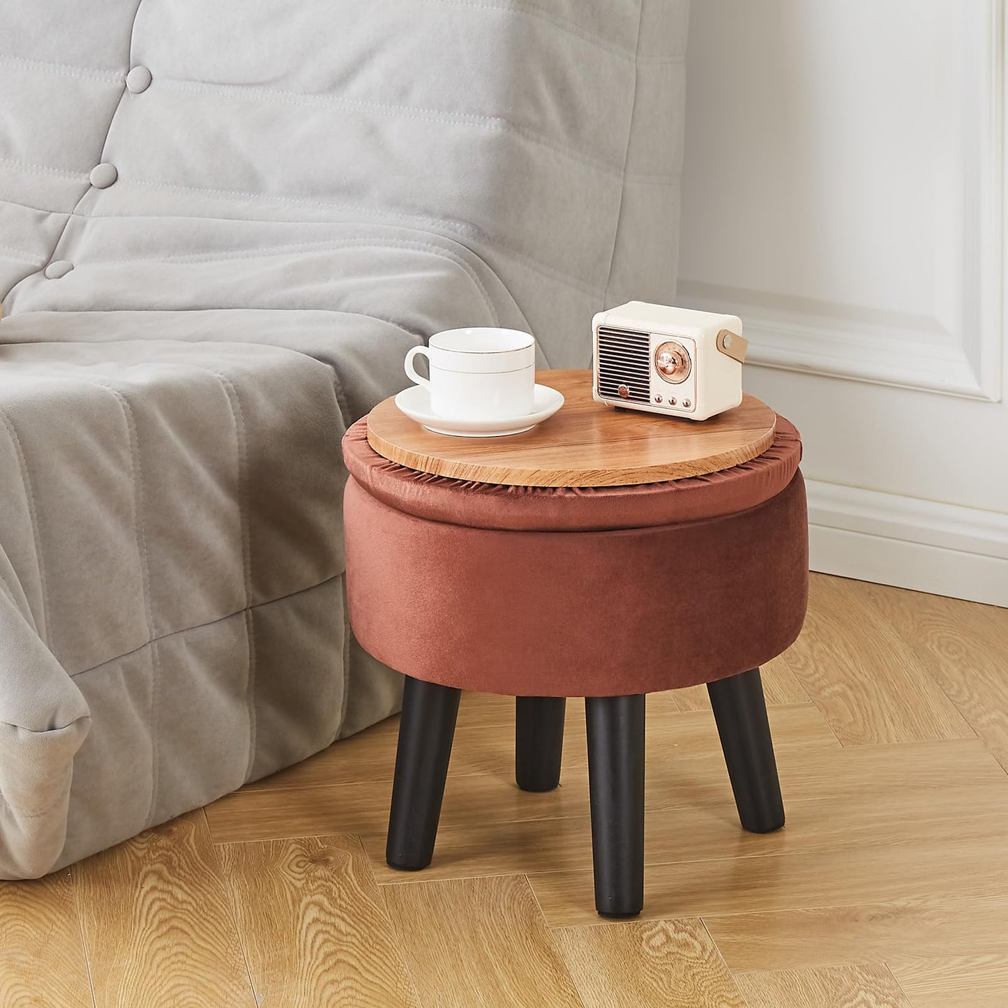 Cpintltr Storage Ottoman Footstool Round Footrest with Removable Lid Soft Padded Foot Stool with Solid Wood Legs Side Table with Storage Step stool Extra Seating for Hallway Living Room Bedroom Coffee