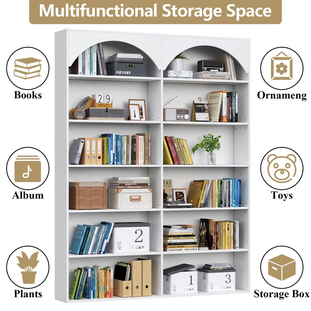 Gyfimoie 70.8’’ Tall Bookshelf and Bookcase, 7-Tier Double Wide Bookcase Modern Large Open Display Shelves with Curved Baffle for Home Office Living Room (White) Gyfimoie