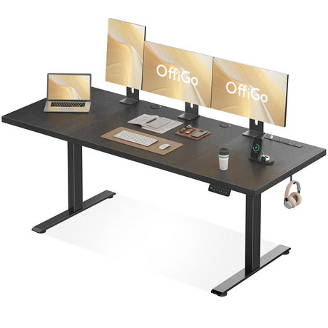 OffiGo Electric Standing Desk with 3-Piece Board, 79 Inch Height Adjustable Large Desk with Power Outlets, Sit Stand Table, Writing Computer Desk for Home, Office, Workstation, Black OffiGo