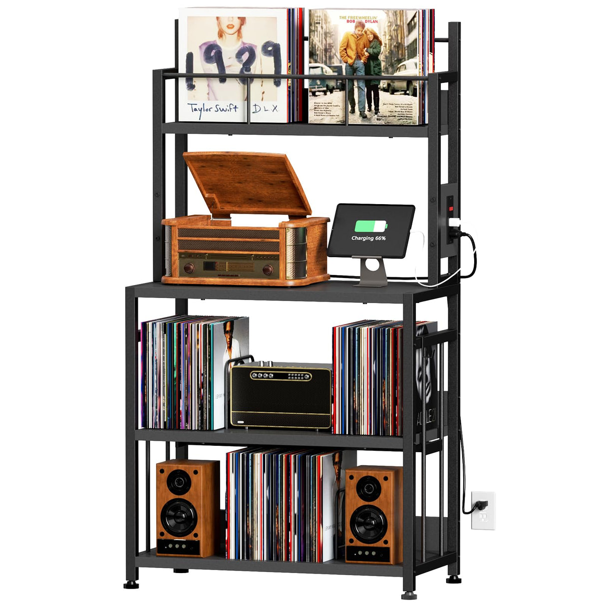 EasyCom Record Player Stand with Vinyl Storage, Turntable Stand Holds Up to 300 Albums, Large Record Player Table with Charge Station, Vinyl Record Stand for Living Room Bedroom, Black EasyCom