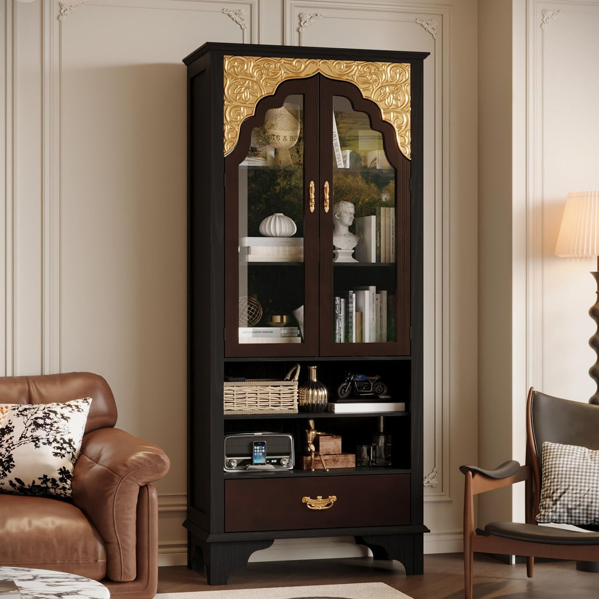 Timechee Modern Book Shelf with Drawers, 72" Tall Black Bookcase Storage Cabinet with Tempered Glass Doors and Open Shelves, Large Bookshelves and Bookcases, Display Cabinet Bookshelf for Living Room Timechee