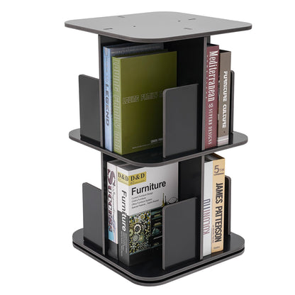 KONGKUNI Modern 2 Tier 360° Rotating Corner Bookshelf for Small Spaces - Stylish Black Desktop Bookcase - WoodArtSupply