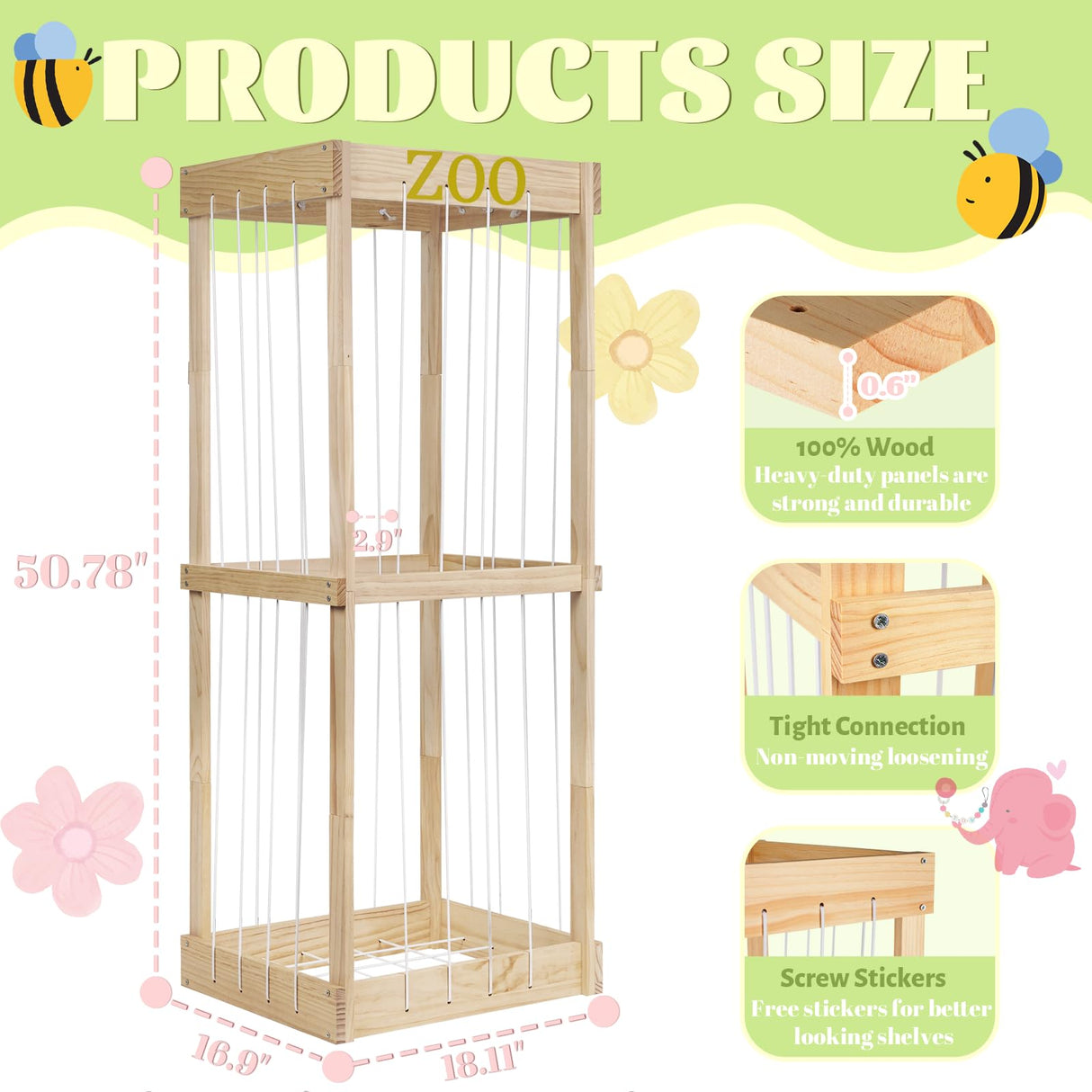 Trycooling Stuffed Animal Zoo Stuffed Animal Storage Wood Plushie Storage Stuffed Animals Zoo Storage Cage with Zoo Pattern Elastic Band for Nursery Play Room Bedroom (Wood) Trycooling