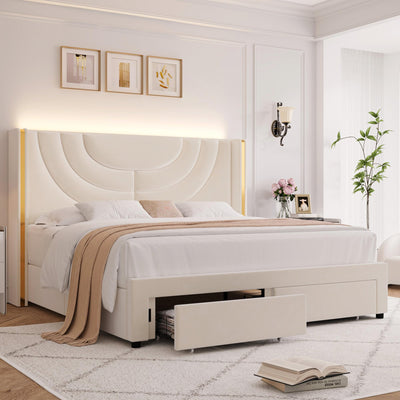 HITHOS Beige Upholstered LED Bed Frame with Wingback Headboard & 2 Storage Drawers