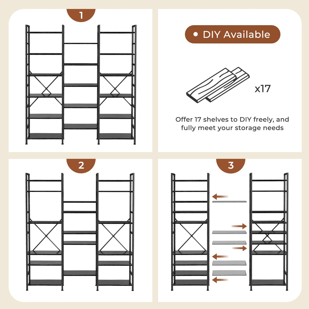 SUPERJARE Triple 6 Tier Bookshelf, Bookcase with 17 Open Display Shelves, Wide Book Shelf Book Case for Home & Office, Black SUPERJARE
