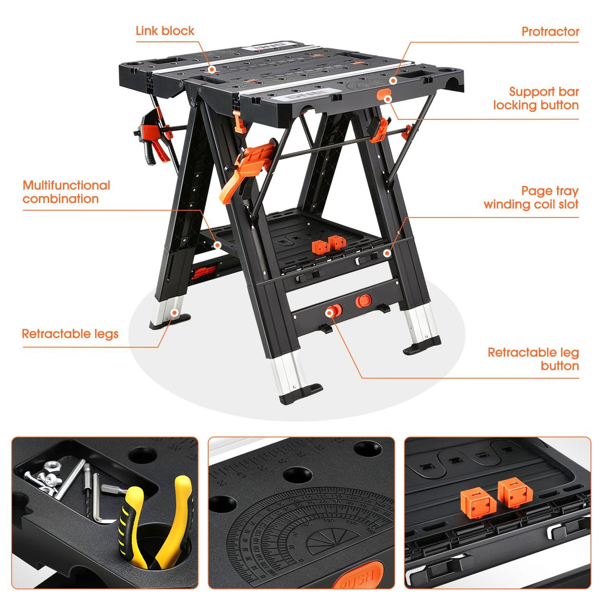 DNA MOTORING 2 in 1 Portable Workbench, Heavy-Duty Load Capacity Folding Table & Sawhorse, 31" Lx 25" W Lightweight Design Folding Work Table, w/ 2pcs Clamps, TOOLS-00712 DNA MOTORING