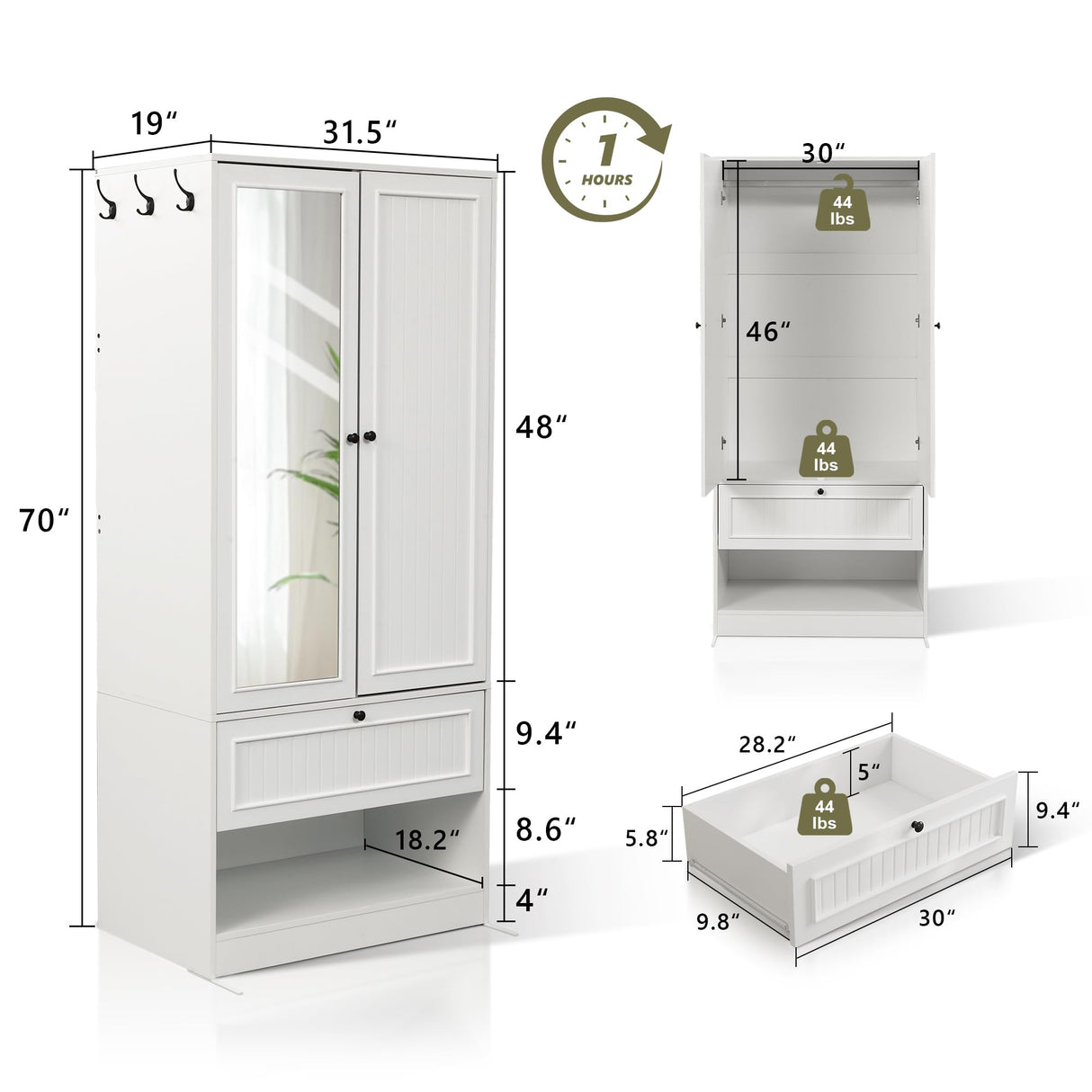 iPormis Wood Armoire Wardrobe Closet with Mirror Door and Drawer, 2 Doors Bedroom Storage Cabinet for Hanging Clothes, White iPormis
