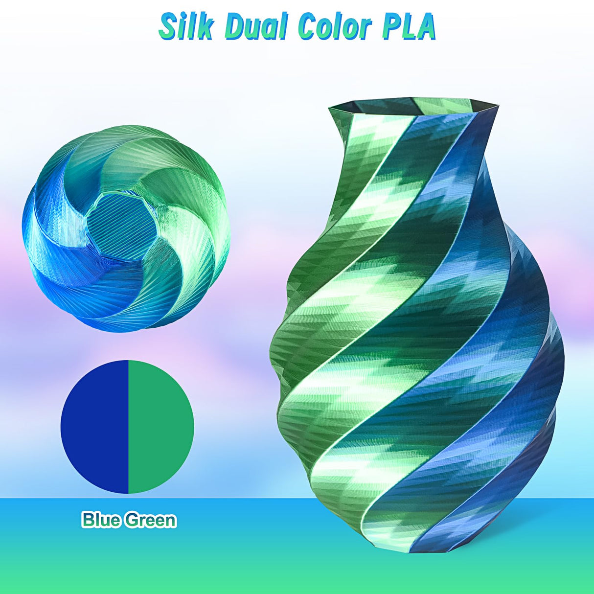 ERYONE Silk Dual Color PLA Filament 3D Printer 1.75mm +/- 0.03mm, Bicolor Filament Two Tone PLA 250G(0.55lbs) Cardboard Spool, Blue Green ERYONE
