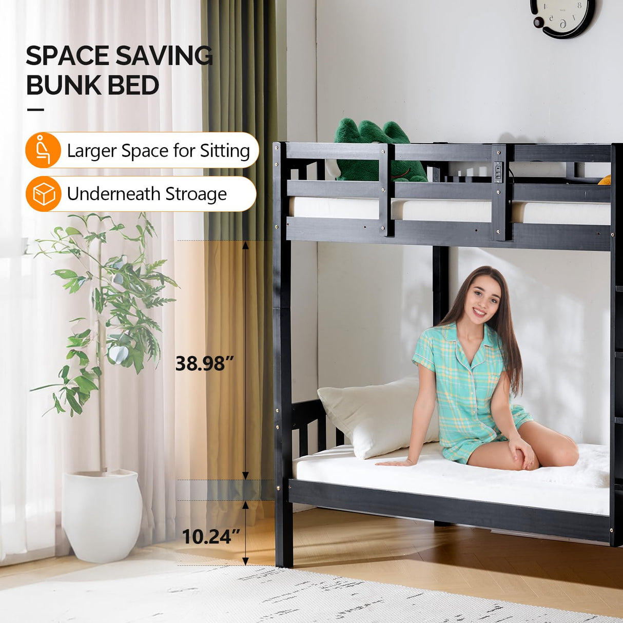 VINGLI Solid Wood Bunk Bed Twin Over Twin with LED Lights/USB Port Charge Station/Scoring Rungs, Convertible Bunk Beds with Extra 15 inches Tall Guardrial and Ladder for Kids, Black VINGLI