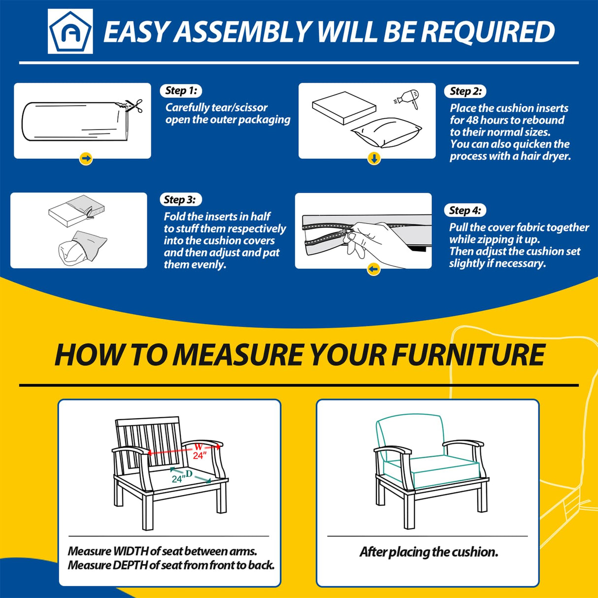 AAAAAcessories Outdoor Deep Seat Cushions for Patio Furniture, Waterproof Replacement Patio Chair Cushions Set of 4, 24 x 24 x 5 Inch, Navy Blue AAAAAcessories