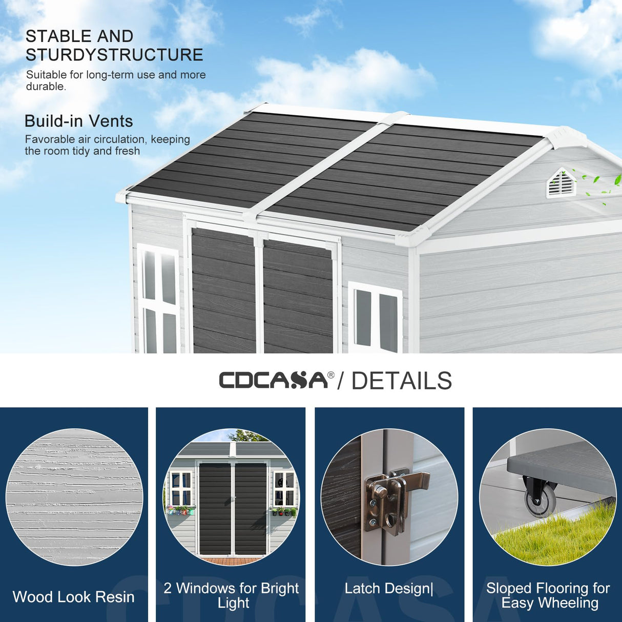 CDCASA 8x6 FT Resin Storage Shed, Waterproof Large Outdoor Shed with Floor & Lockable Door & 2 Windows, Vent, Plastic Tool Shed for Outside, Backyard, Patio, Poolside, Bike, Dove Grey CDCASA