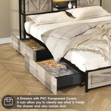 Halitaa Queen Size Bed Frame with LED Light and Charging Station, Featuring 4 Storage Drawers and Headboard Shelves in Wash Grey Halitaa