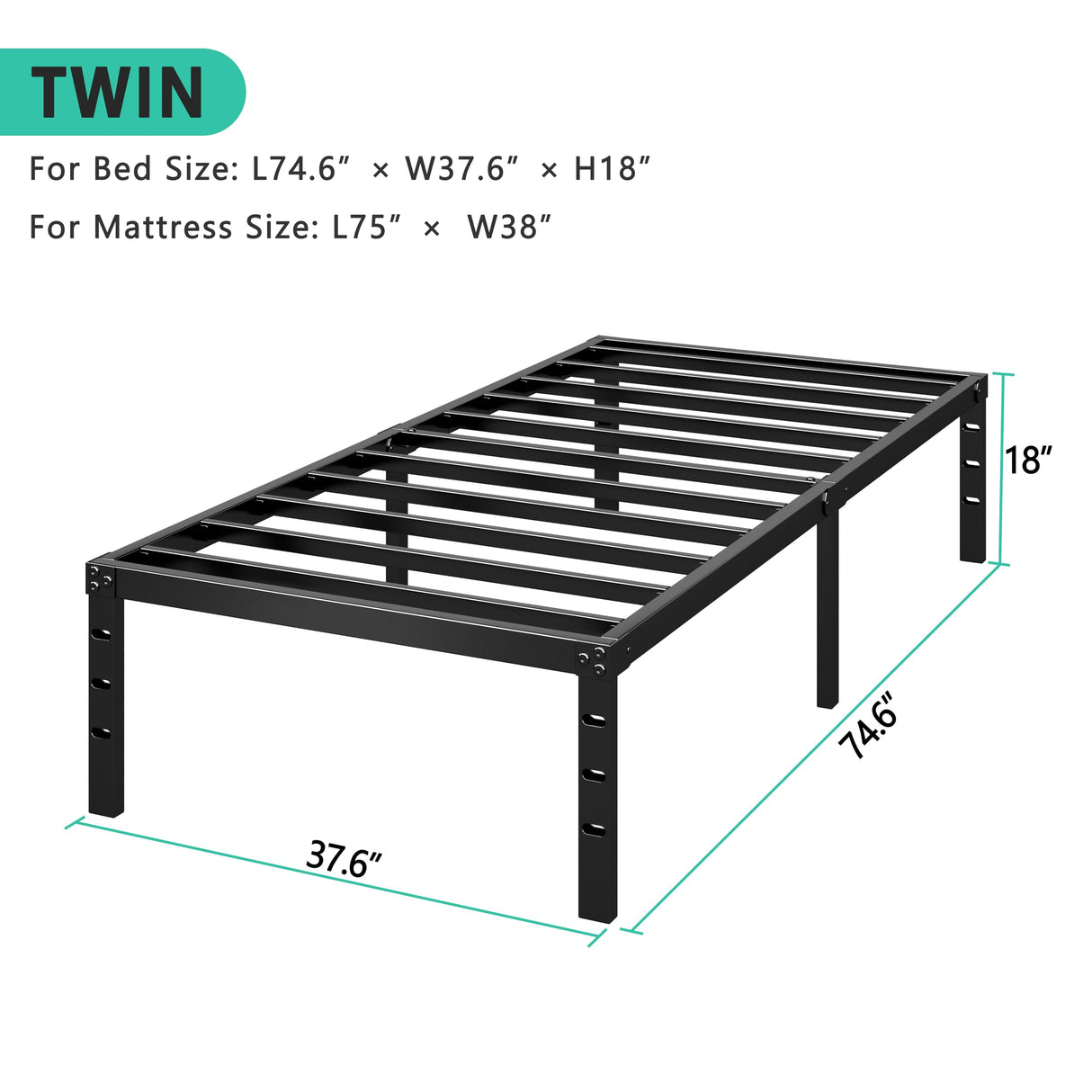 HLIPHA Metal Platform Bed Frame 14 Inch Tall,No Box Spring Needed,Twin Size Bed with Heavy Duty Strong Support Slats,Easy to Assemble,Black HLIPHA