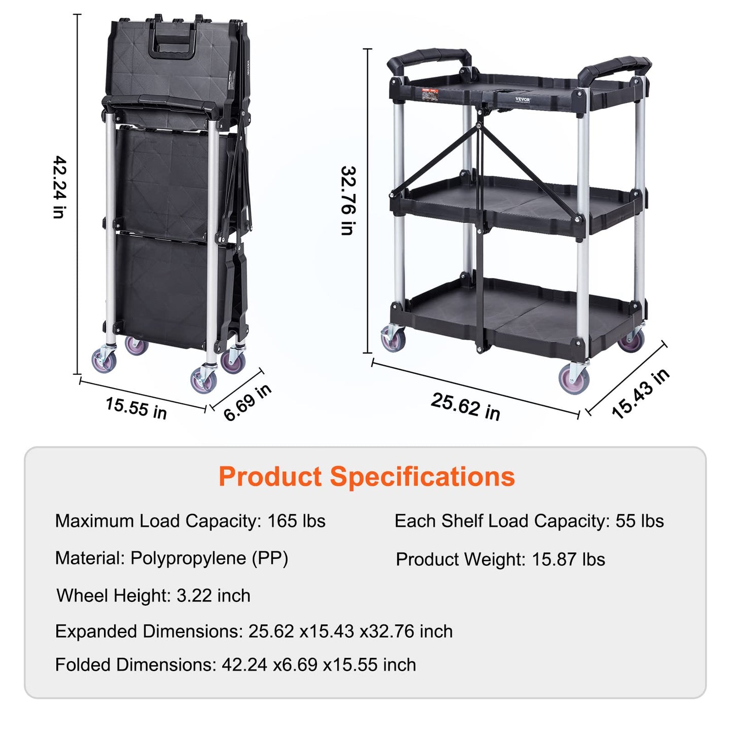 VEVOR Foldable Utility Service Cart, 3 Shelf 165LBS Heavy Duty Plastic Rolling Cart with 360° Swivel Wheels (2 with Brakes), Ergonomic Handle, - WoodArtSupply