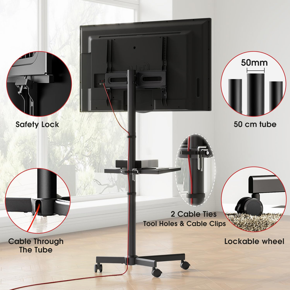 AOKCOS Rolling TV Stand - Mobile TV Stand on Wheels for 32-65 inch Flat/Curved TVs with Tilting, Height Adjustment Portable Rolling TV Cart Hold up to 88 Lbs for Livingroom, Bedroom, Office, Outdoor AOKCOS