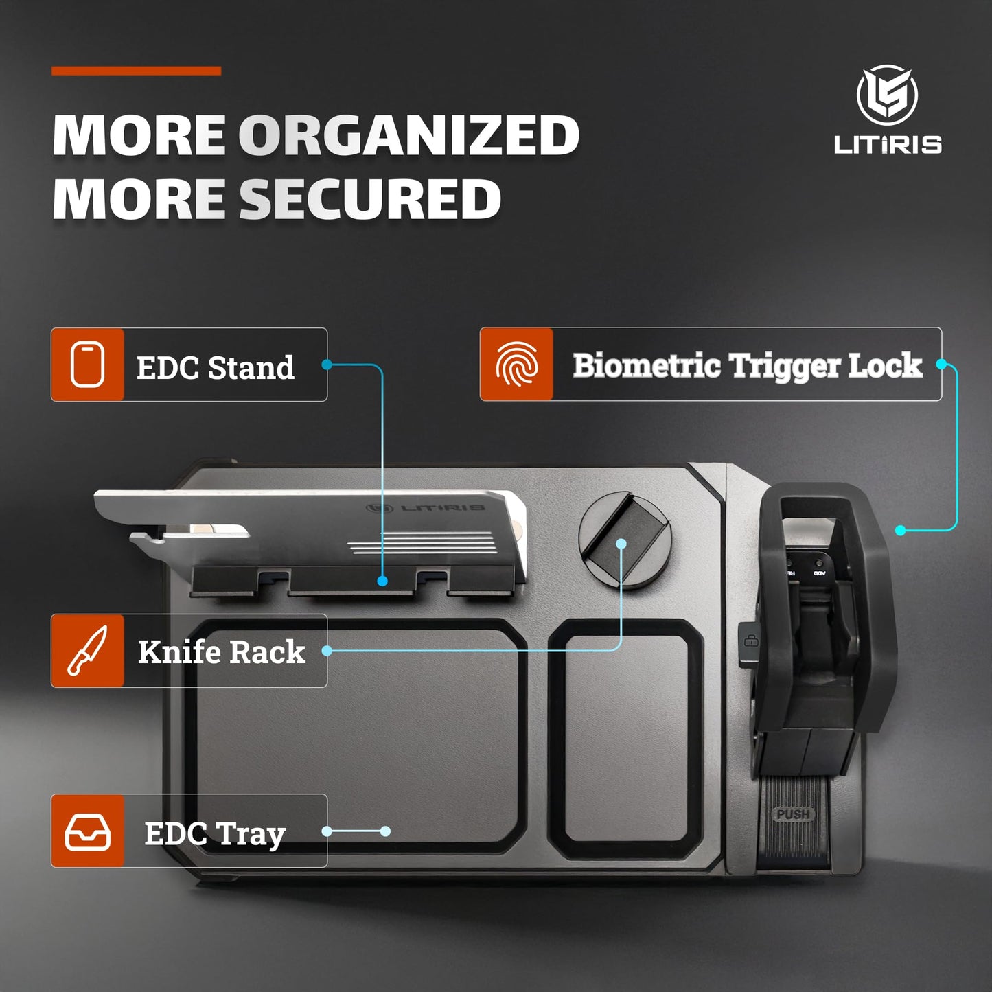 LITIRIS Pistol Rack Gun Safe - Gun Lock, Pistol Trigger Lock, Bedside Gun Holder with Fingerprint, 3 Ways Quick Access Handgun Trigger Lock, Edc Tray Firearm Storage Home Fingerprint, Key, PIN Code