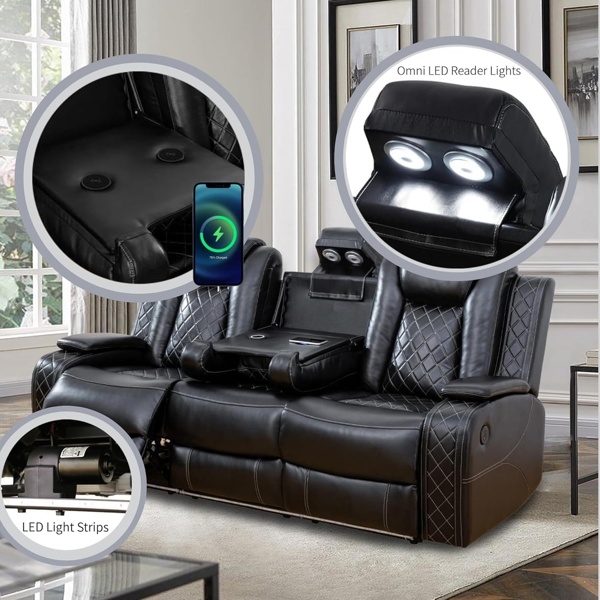 AYCP Furniture Power Recliner Set with LED Lights, Air Leather Reclining Set with USB Port/Wireless Charger/Storage Console/Cup Holder for House/HomeTheater/Apt (Black, Sofa Loveseat Chair) AYCP Furniture